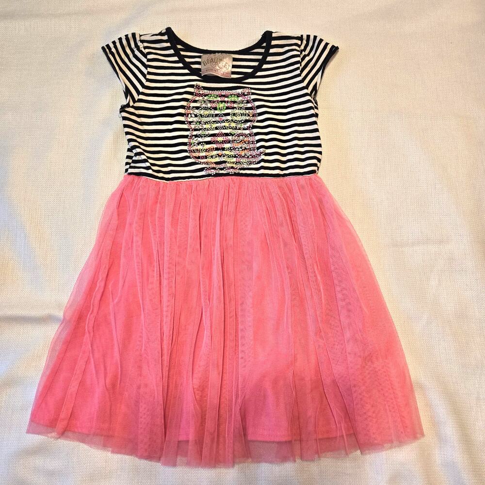 Sz 6 BEAUTEES Girls B&W Striped Bubblegum Pink Mesh Layered Skirt S/S Owl Dress